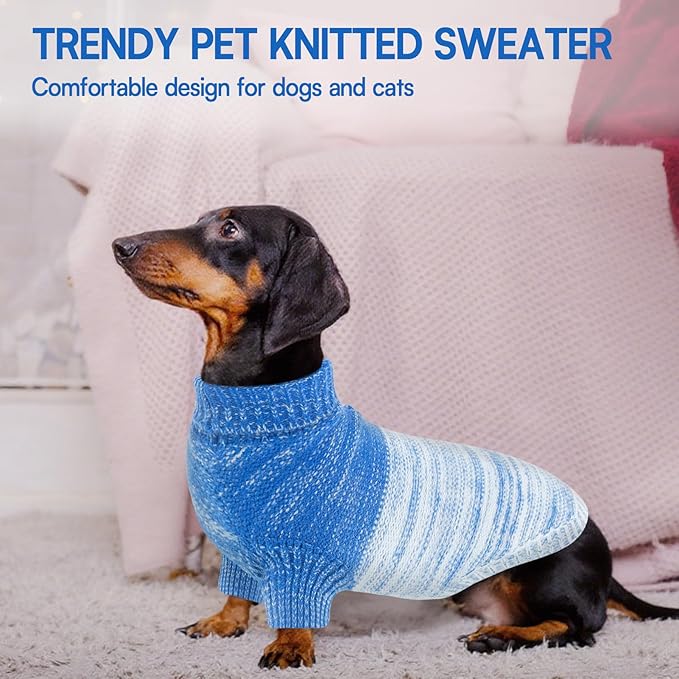 Queenmore Knitted Pullover Dog Sweater,Turtleneck Pet Cat Sweater,Cold Weather Puppy Clothes Stitching Knitwear with Leash Hole for Small Medium Dogs(Royal Blue,M)