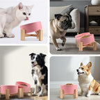 SPUNKYJUNKY 15° Slanted Ceramic Dog and Cat Bowl with Wooden Stand, Tilted Bulldog Food and Water Bowl No Slip Non-Spill for Cats Medium Dogs Big Face Pets 28.7 OZ (3.6 Cups,Pink)