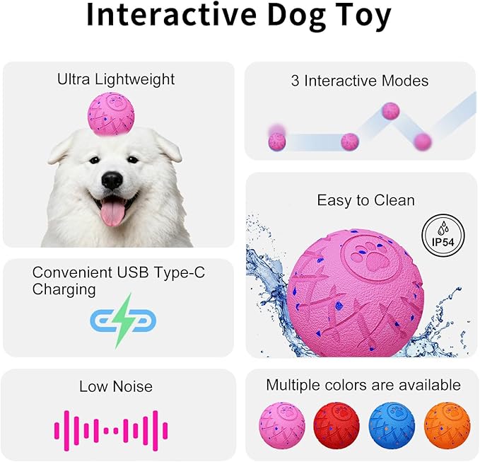 Interactive Dog Toys Dog Ball,Durable Motion Activated Automatic Rolling Toys for Medium/Large Dogs,Automatic Moving, Bouncing,and Rotating,E-TPU Material, IP54 Waterproof (Pink)