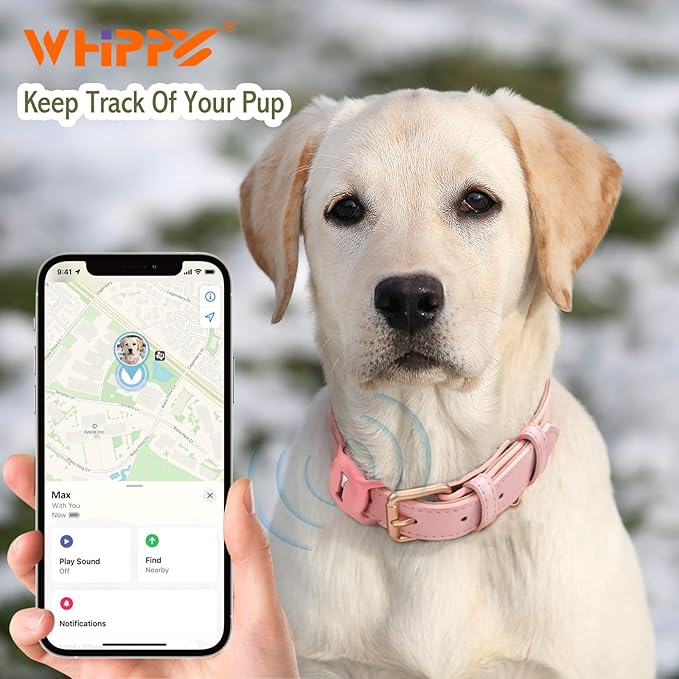 WHIPPY Airtag Leather Dog Collar GPS Tracker Air Tag Puppy Collar Adjustable Soft Leather Padded Dog Collar with Airtag Holder Case for Small Medium Large Dog Pet Backpack,Pink,L