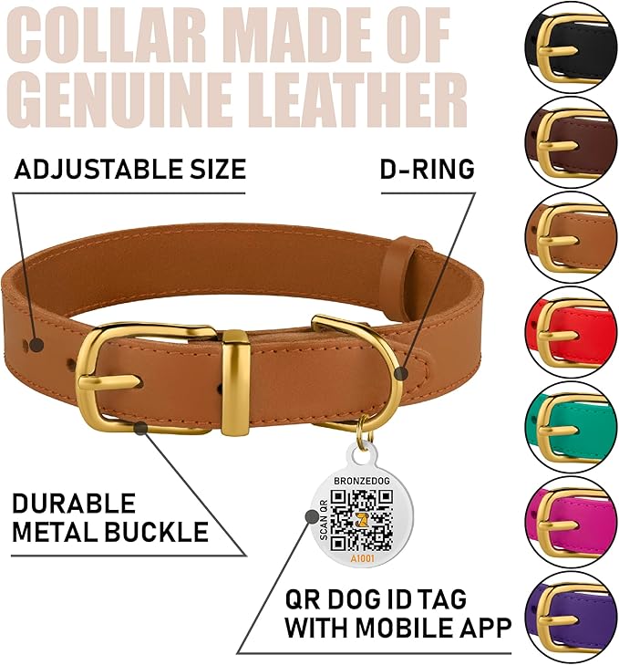 BronzeDog Leather Dog Collar Buckle Durable Pet Collars for Small Medium Large Dogs Puppy Cat Kitten Red Pink Purple Green Brown Black (19-21 Inch (Pack of 1), Light Brown)