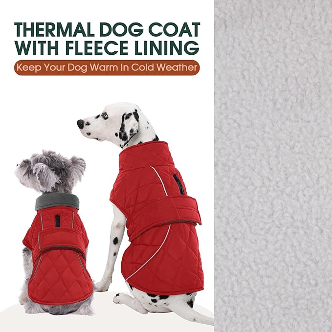 Kuoser Extra Warm Dog Jacket for Medium Dogs, Fleece Lined Dog Turtleneck Snow Suits, Windproof & Reflective Pet Winter Coat Cold Weater Clothes for Dogs, Red M