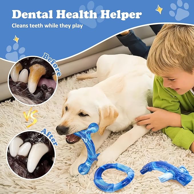 3Pack Dog Toys for Aggressive Chewers Dog Chew Toy Tough Dog Toys to Keep Them Busy Bacon Flavor Teething Chew Toys & Dental Health for Large Medium Small Breeds (Blue)