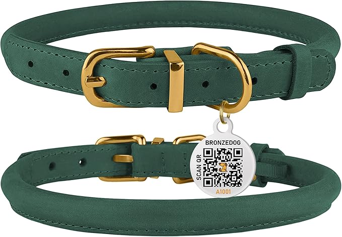 BronzeDog Rolled Leather Dog Collar with QR ID Tag, Adjustable Soft Round Collars for Small Medium Large Dogs Puppy (11" - 14 1/2" Neck Size, Emerald Green)