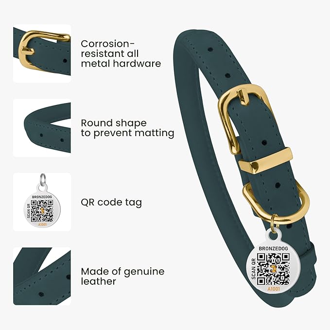 BronzeDog Rolled Leather Dog Collar with QR ID Tag, Adjustable Soft Round Collars for Small Medium Large Dogs Puppy (11" - 14 1/2" Neck Size, Denim)