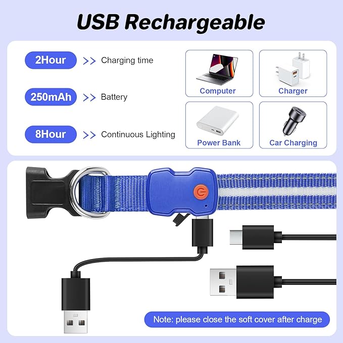 PcEoTllar Light Up Dog Collars, Led Dog Collar, Rechargeable, Night Walking, Waterproof, Glow in The Dark Dog Collars Light for Large Small Medium Dogs, Blue m