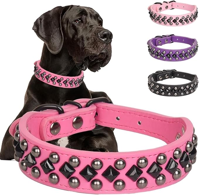 Serijoars Spiked Studded PU Leather Dog Collar for Small, Medium, Large Breeds, Pit Bull, Bully, Husky, Terrier, Adjustable (Hot Pink, M (32-38CM))
