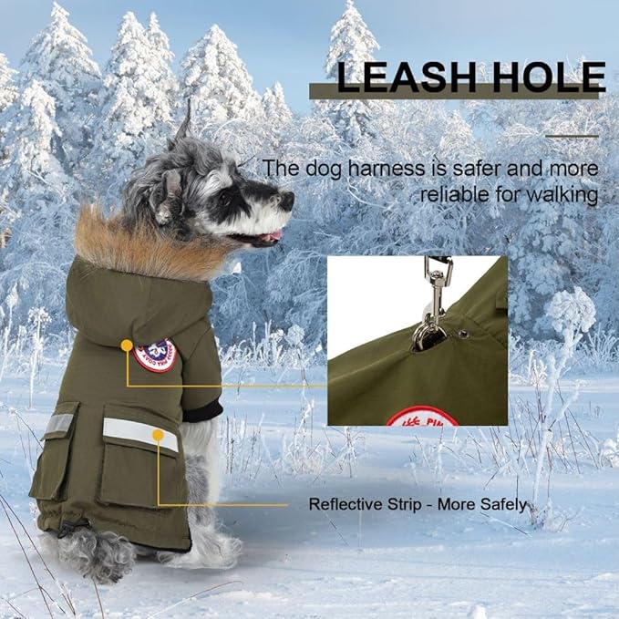PINA Dog Coats for Small Dogs, Waterproof & Windproof Reflective Dog Jacket with Pocket, Warm Dog Cold Weather Coat with Flannel Lining & Faux Fur Hood