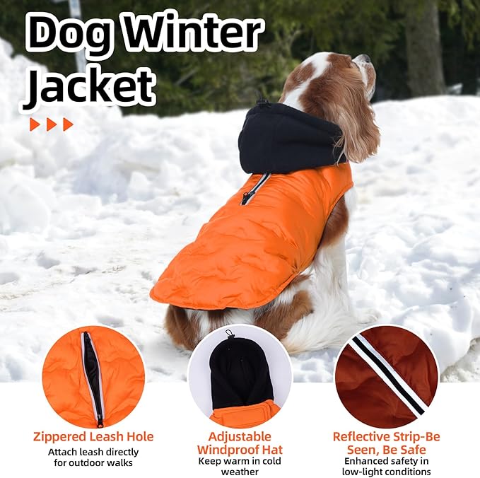 Nanaki Small Dog Puffer Jacket with Leash Hole, Warm Winter Coat Dog Puffer Coat Reflective, Lightweight Windproof Snowsuit for Hiking Walking Outdoor Activities, Halloween Christmas Easy on, Orange