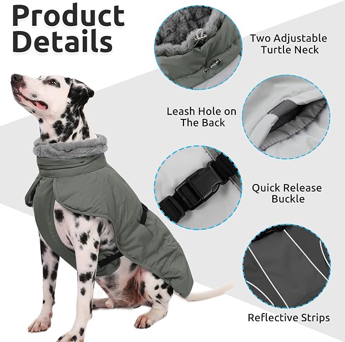 Queenmore Dog Jackets for Large Breeds, Dog Cold Weather Coats Waterproof, Thick Fleece Lining Pet Coats XL Winter, Grey, XL