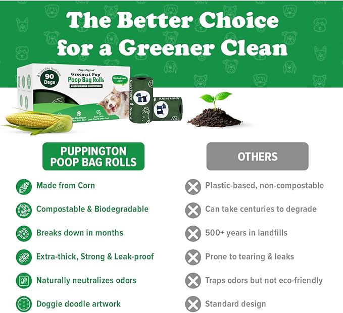 Puppington Certified Home Compostable Poop Bags - ASTM D6400 Compliant - 90 Extra Thick Bags - Plant Based - Pairs with Puppington 3-in-1 Bag & Fits all Standard Poop Bag Dispensers (Basil Green)