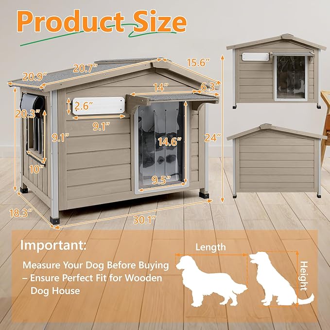 Dog House Indoor Outdoor with Chew-Proof Frame, Weatherproof Dog Kennel Puppy Shelter with Openable Asphalt Roof, Window, Easy to Clean for Small to Medium Dogs (30.1" L*18.3" W*24" H)