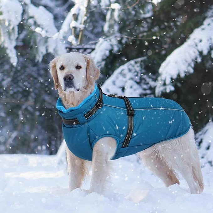 Lelepet Dog Coat with Harness Built in, Waterproof Dog Jacket for Large Dogs Reflective Windproof Winter Jacket with Zip Warm Cold Weather Coats for Dogs,Cozy Pet Snowsuit, Great Dane, Blue, XXXL