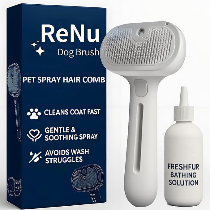 Fresh Fur Shower Brush, 3-in-1 Self-Cleaning Steamy Pet Brush for Dogs & Cats – Grooming Tool for Long & Short Hair, Removes Loose Hair and Reduces Shedding (White)