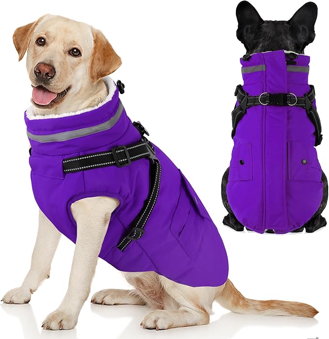 Dogcheer Dog Coat with Harness, Waterproof Warm Dog Winter Jacket with Pockets, Reflective Pet Fleece Jacket Turtleneck Snowsuit for Small Medium Large Dogs - Purple, M