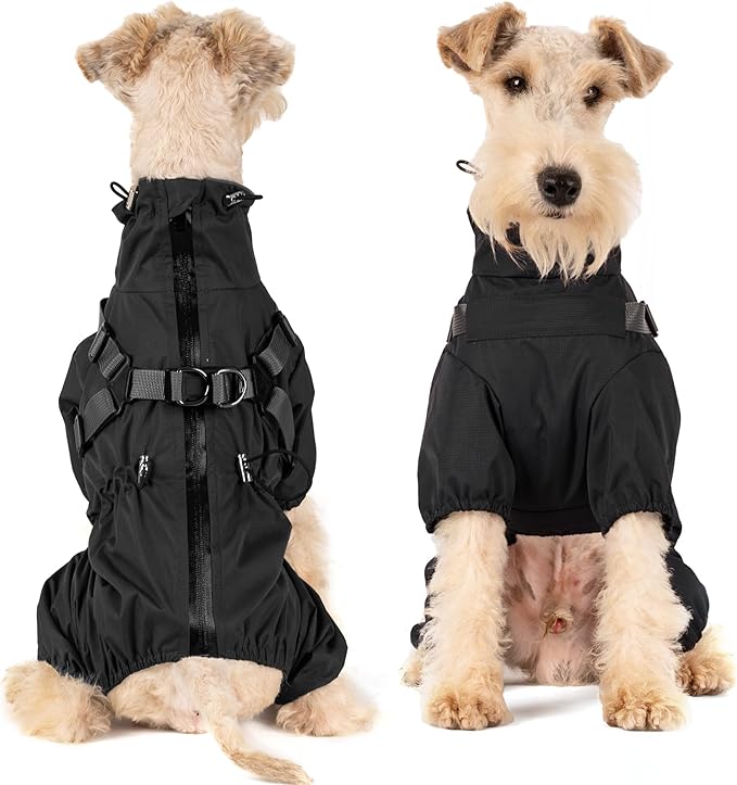 Mile High Life Waterproof Dog Raincoat, Full Coverage Small Dog Rain Coat with Harness, Adjustable 4 Legs Puppy Rain Jacket with Reflective Strip and Elastic Cuffs (Black, XXS Back Length 9.8")