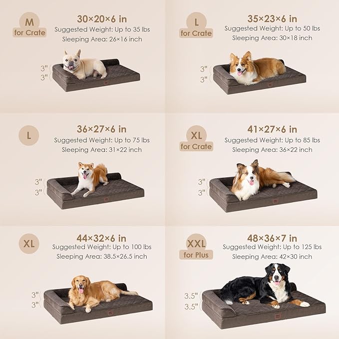 EHEYCIGA Memory Foam Dog Bed XLarge Sized Dogs, Extra Large Dog Bed Orthopedic with Washable Removable Cover, Waterproof XL Pet Bed Couch, 44x33x6 Inches, Brown