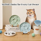 Melamine Slow Feeder Cat Bowls - Set of 3 Cat Food Dishes - Fun Maze Design for Slow Feeding - Dishwasher Safe - White, Blue, Green