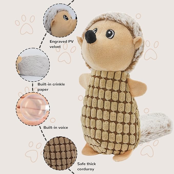 Crinkle Dog Toys Squeaky Plush No Stuffing Cute Puppy Stuffless Tough Rop Pull Toy, Fun Dog Stuffed Animals Durable Chew Set for Small Medium Large Pup (Large, Brown Squirrel)
