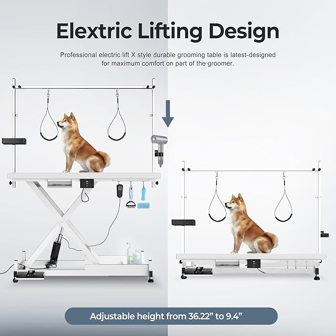 Heavy Duty Electric Lifting Pet Dog Grooming Table for Large Dogs with Overhead Arm, Anti-Skid Rubber Desktop and Powerful Motor, 50'' / White