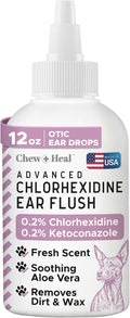 Chew + Heal Labs Dog Ear Cleaner - OTIC Medicated Dog Ear Buildup Drops for Dirt and Wax - 12 oz Advanced Flush with Chlorohexidine and Ketoconazole - Made in The USA