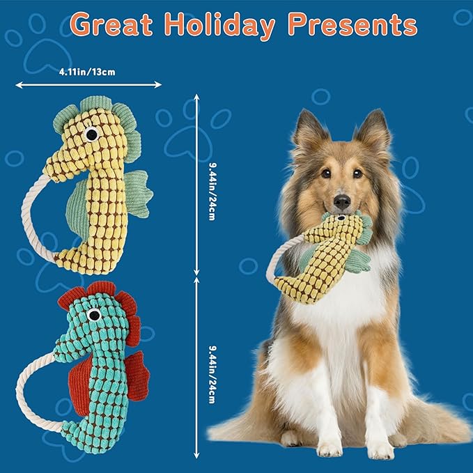 Crinkle Dog Toys Squeaky Plush No Stuffing Cute Puppy Stuffless Tough Rop Pull Toy, Fun Dog Stuffed Animals Durable Chew Set for Small Medium Large Pup (Large, Yellow+Green Seahorses)