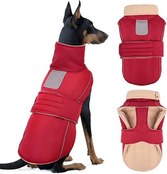 ASENKU Warm Dog Coat, Waterproof Dog Jackets for Large Dogs with Reflective Fleece Vest Turtleneck with Button,Windproof Cold Weather Coats for Small Medium Large Dogs, Dark Red, 3XL