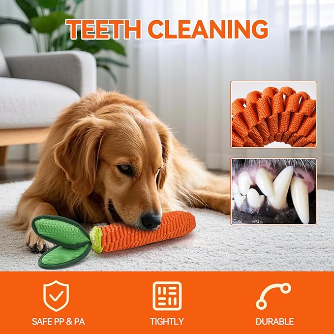 AUSCAT Carrot Dog Rope Toy, Durable Tug of War Toy with Squeaker, Braided Teething Toys for Small Medium Large Dogs