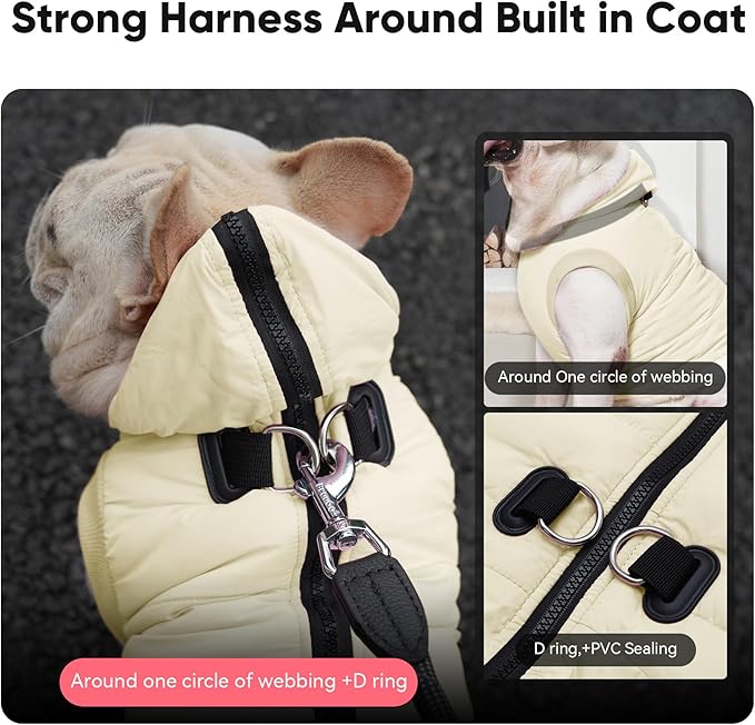 Fleece Lining Dog Hoodie with Harness Built in,Extra Warm Large Dog Jacket in Winter Doggie Coats with Hooded,Light Yellow XXL