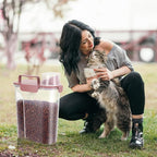5-7Lbs Cat Dog Storage Container, Portable Pet Food Containers with Upgraded Large Spout and Cup, Small Animal Kibble Dispenser for Bird Seed, Oatmeal, Rice, Flour (1, Pink, 5L)