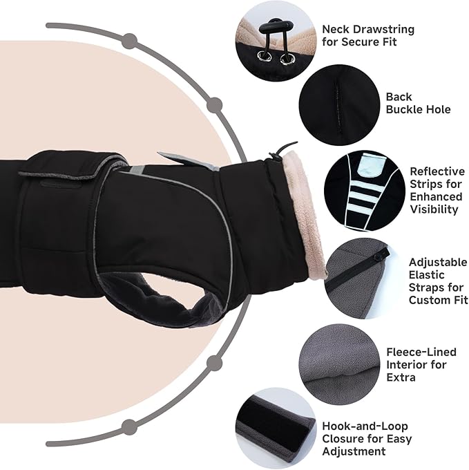 Dog Winter Coat for Small to Large Dogs(XS-XXXL)– Waterproof Windproof Fleece Lined Jacket with Reflective Trim,Pet Vest with Adjustable Buckles, Machine Washable Black S