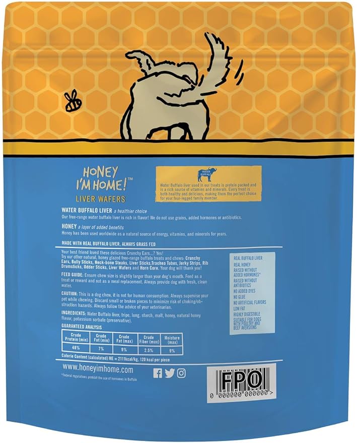 Honey I'm Home, Liver Recipe Wafers Buffalo Dog Treats, 13.23 Ounces - All Natural, Free Range, Healthy, Grain Free, Honey Coated & Crispy