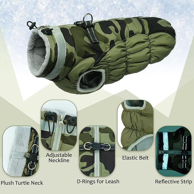 LeLePet Dog Coat, Windproof Camo Cold Weather Coat, Fleece Lined, Reflective, Adjustable, Turtleneck, Size S