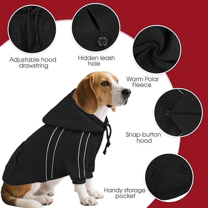 ASENKU Cozy Dog Hoodie，Soft Sweater with Adjustable Hood, Back Pocket and Leash Access Hole，Warm Reflective Sweatshirt for Cold Weather（Black，XS