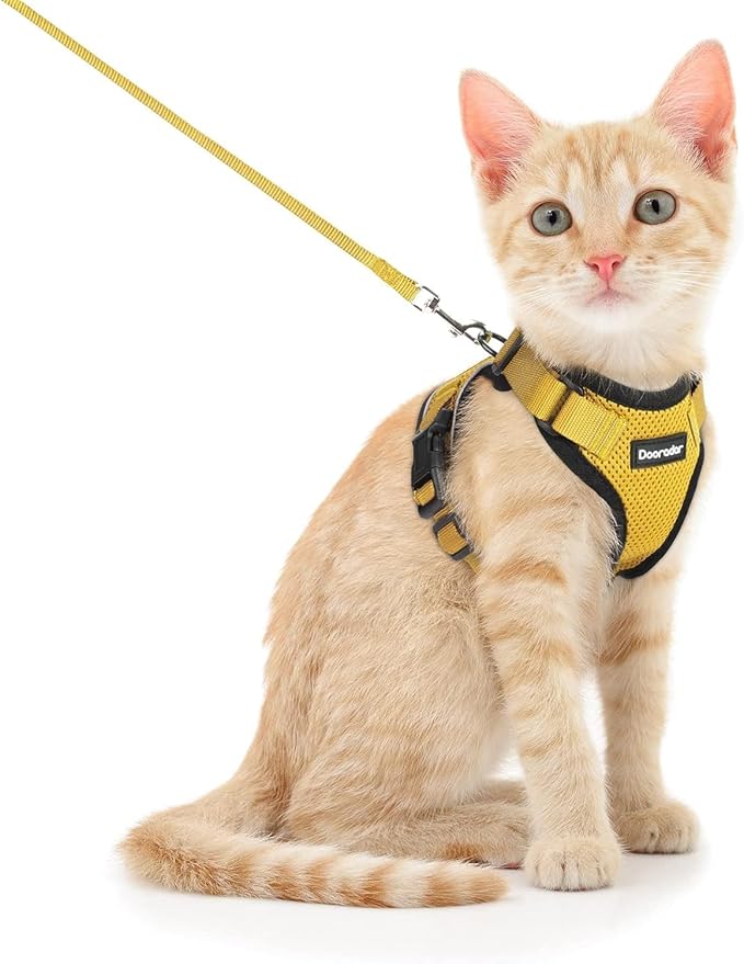 Dooradar Cat Harness and Leash Set, Escape Proof Safe Adjustable Kitten Vest Harnesses for Walking, Easy Control Soft Breathable Mesh Jacket with Reflective Strips for Cats, Yellow, XS