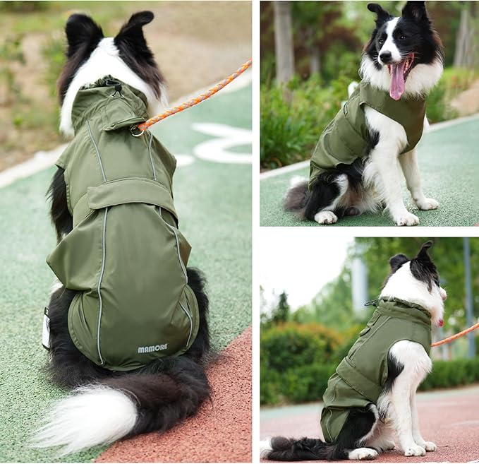 Waterproof Dog Raincoat, Adjustable Lightweight Dog Rain Jacket with Reflective Strip Leash Hole for Small Medium Large Dogs (Green, X-Large(37-55lb))