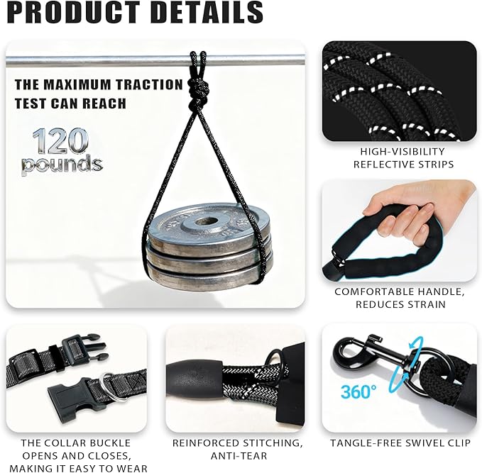Nylon Dog Leash for Medium Large Dogs, 5-FTReflective Heavy Duty Leash with Comfortable Handle & Poop Bag Dispenser Ring, 1/2 Inch Wide, Secure Reinforcement for Walking (Black, L)
