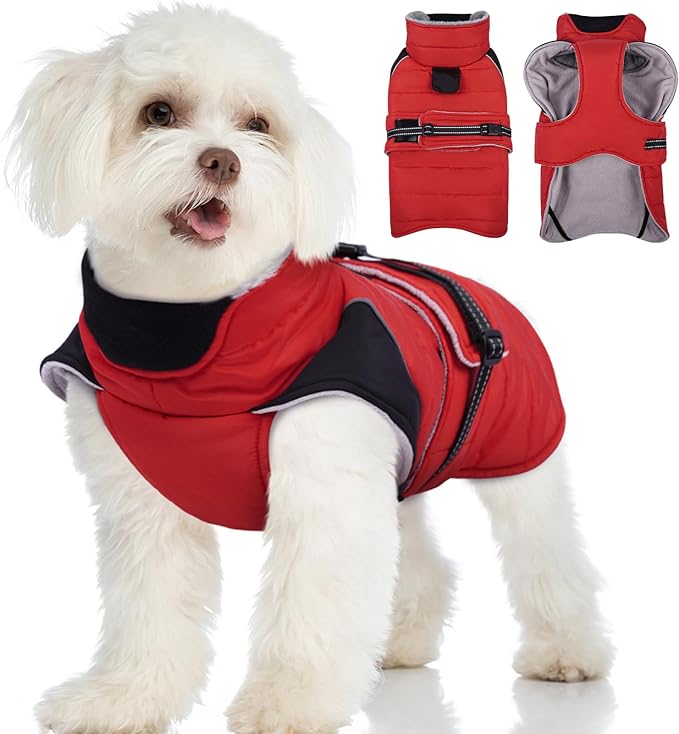 MIGOHI Waterproof Dog Winter Coat - Thick Dog Fleece Jacket with Reflective Strips, Warm Winter Snowsuit Sweater for Small Dogs,Machine Washable,French Bulldog,M,RedBlack