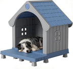 Dog House Outdoor Indoor Weatherproof for Small Medium Dogs, Durable Plastic Pet House with Porch, Sloping roof and Elevated Floor, Easy Cleaning and Assemble(Blue, 32.95"L×31.5"W×37.88"H)