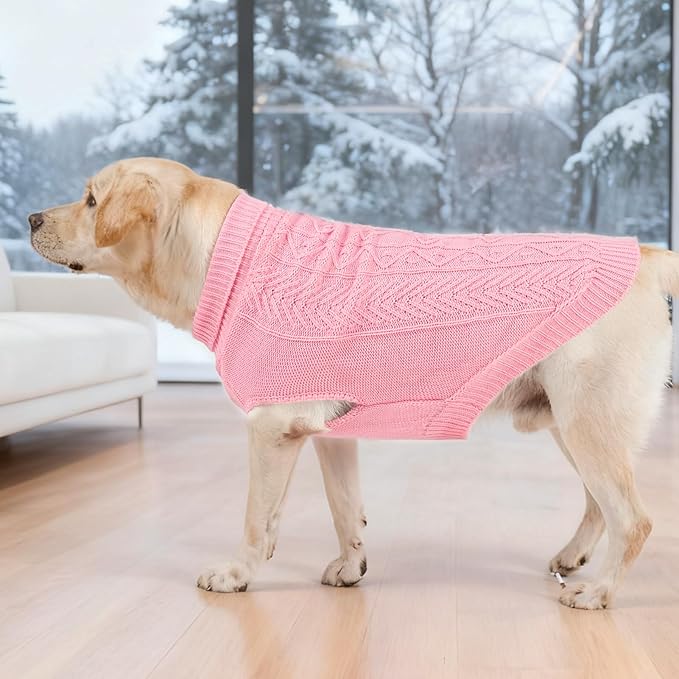 PUPTECK Dog Sweater, Turtleneck Warm Knitted Pullover Coat, Thick Cable Knitwear Clothes in Winter, Pet Apparel Outfits for Small Medium Dogs, for Cold Weather Indoor & Outdoor, Pink SM