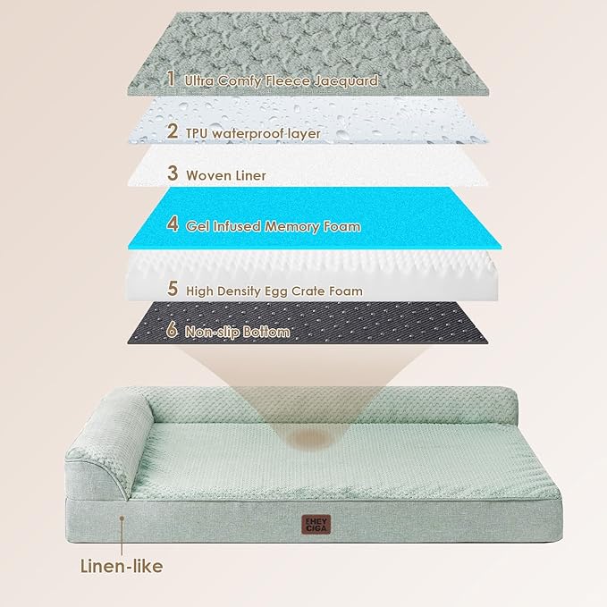 EHEYCIGA Memory Foam Dog Bed Large Sized Dogs, Pet Bed for Large Dog for Crate with Waterproof Liner, Pet Couch Bed Orthopedic with Washable Removable Cover, 35x23x6 Inches, Greyish Green