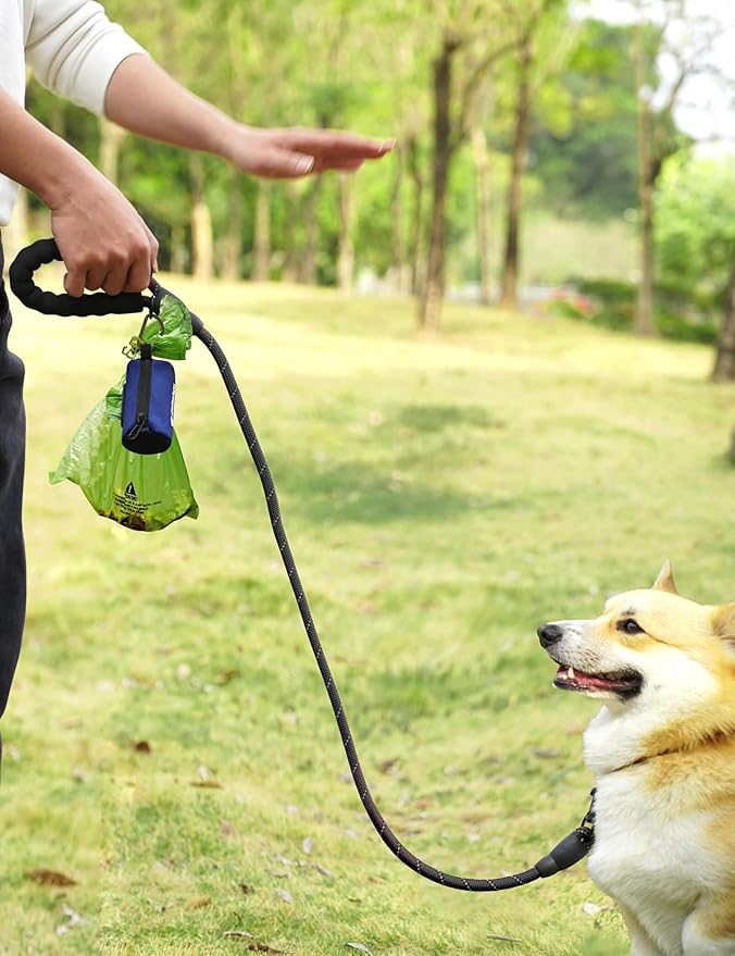 Gobeigo Dog Poop Bag Holder for Leash, Large Opening for Easy Pull Out, Doggy Poo Bag Dispenser with Used Waste Bag Carrier Suitable for Any Retractable Leash with 15 Unscented Bags (Navy Blue)