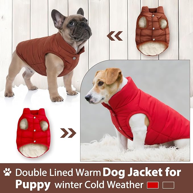 Syhood 2 Pieces Dog Jacket 2 Layers Fleece Lined Dog Jacket Warm Soft Windproof Small Pet Coat for Winter Cold Weather (M,Red,Brown)