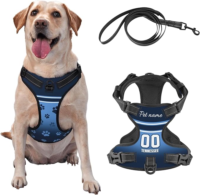Custom Tennessee Dog Harness with Reflective Stripes Personalized Name and Number Dog Vest Harness with Pet Traction Rope for Small Medium Large Dog