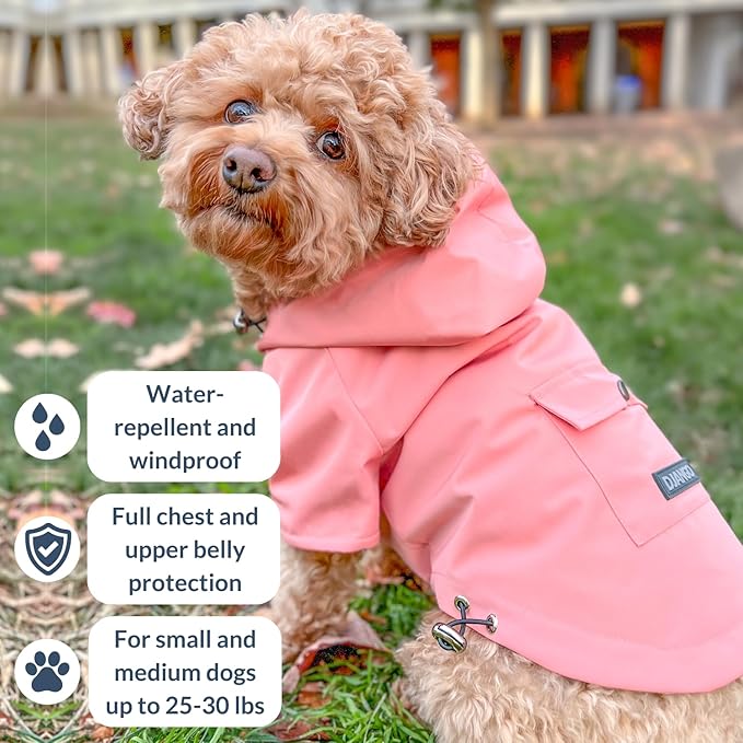 DJANGO Highland Dog Jacket & Raincoat – Water-Repellent, Lined Dog Coat with Hood, Adjustable Fit & Harness Hole – Lightweight Rain & Wind Jacket for Small & Medium Dogs up to 30 lbs (Pink, Small)