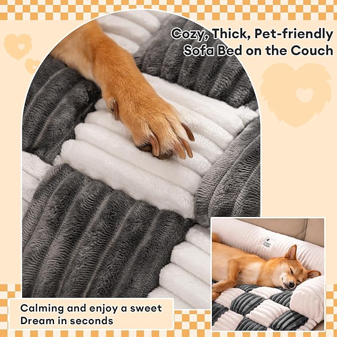 FUNNY FUZZY Pet Couch Covers for Sofa, Dog Couch Bed Washable Plush Pets Mat for Furniture Protector Cream Square Plaid Cozy Sofa Pad for Cats, Black