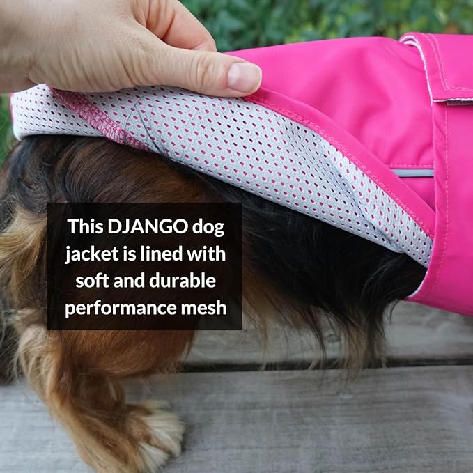 DJANGO Dog Jacket & Raincoat – Lightweight Water-Resistant Coat for Small, Medium & Long Dogs Like Dachshunds – Reflective, Adjustable Fit, Harness-Compatible & Easy-Access Harness Hole - Pink, Large