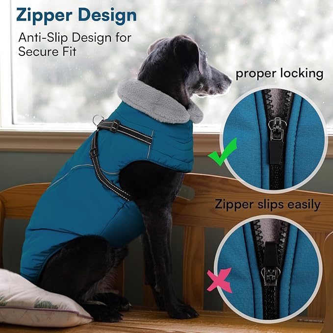 Queenmore Dog Jackets for Large Dogs, Dog Coat with Harness Built in,Waterproof Dogs Coats with Zipper On Back,Warm Fleece Lining Cold Weather Pet Coats with Furry Collar for Labrador,Blue,L