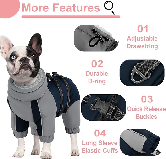 KOESON Four Legged Winter Dog Jacket with Adjustable Buckles, Turtleneck Windproof Fleece Jacket, Reflective Fullbody Puffer Coat Blue Grey XL