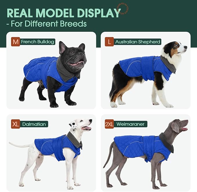Kuoser Dog Coat, Extra Warm Dog Jacket Windproof Dogs Cold Weather Coats for Large Dogs, Fleece Lining Turtleneck Puppy Snowsuit Reflective Adjustable Pet Winter Clothes Christmas, Blue L